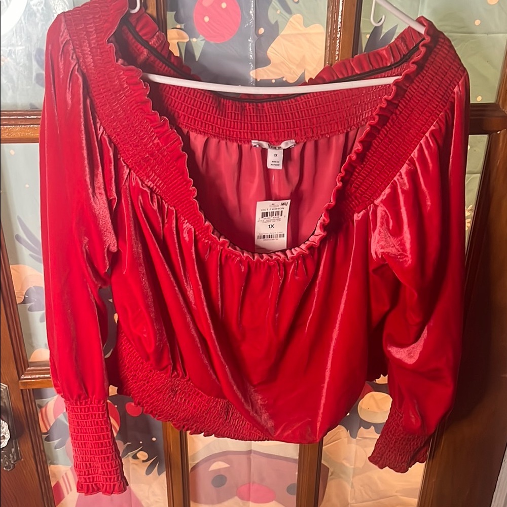 Vibrant Red Off the Shoulder Smocked Blouse with 3/4 Sleeves